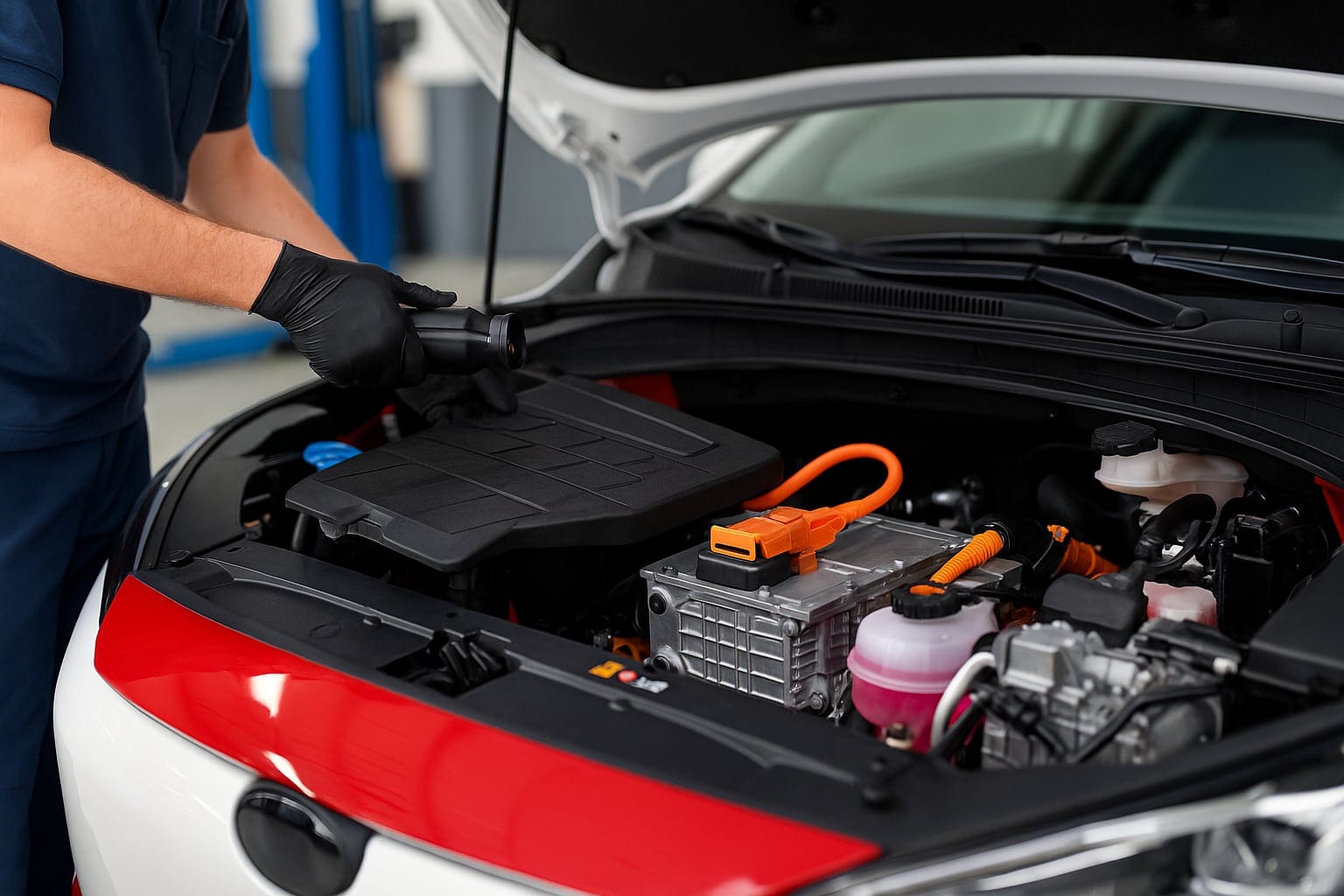 electric vehicle service p2 1 mechanic servicing electric car