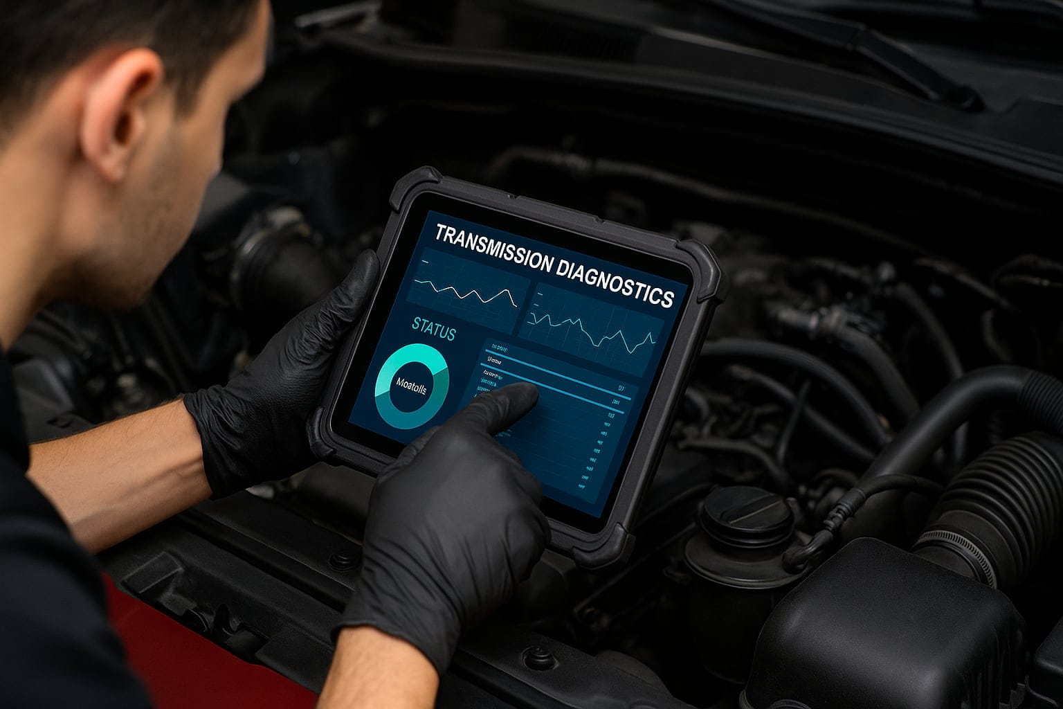 transmission services p1 1 person troubleshooting transmission with computer tool