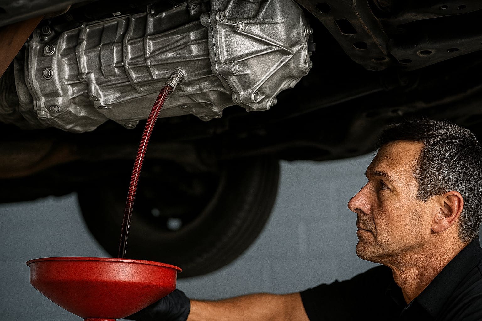 transmission services p2 2 mechanic draining transmission fluid