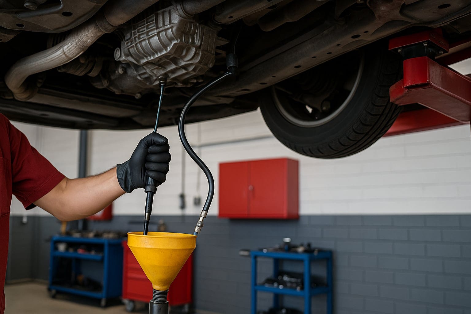 transmission services p3 1 mechanic changing transmission fluid